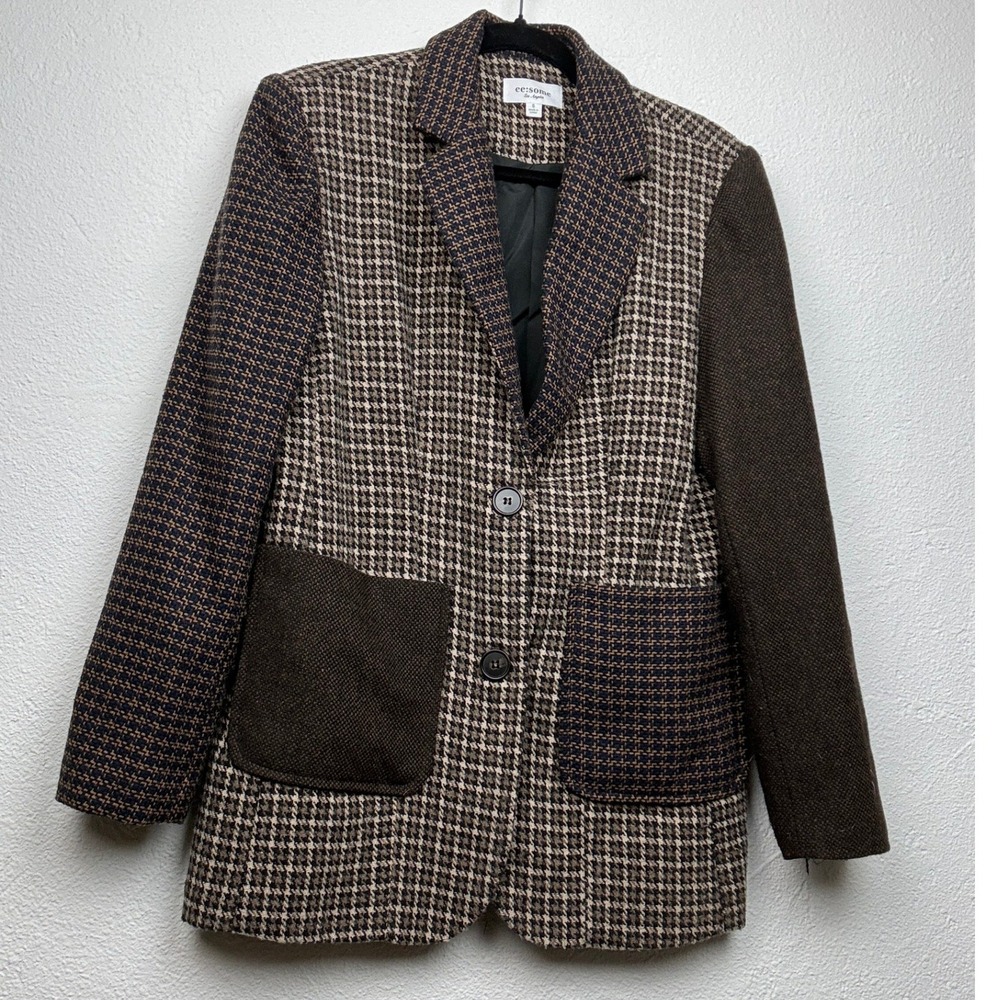 ee:some Brown Mixed Media Blazer - S - Houndstooth Academic Preppy Eclectic